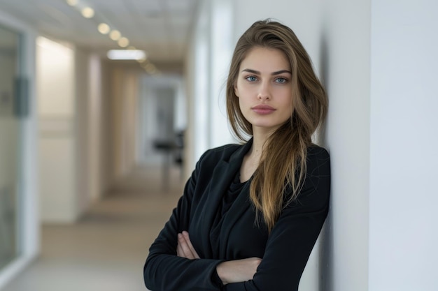 Beauty Poster Confident Businesswoman Leaning Against Office Wall Arms Crossed Exuding Attitude