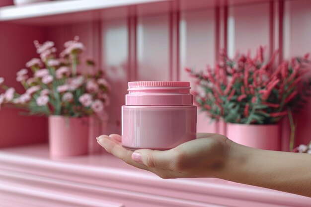 Photo beauty product mockup hand holding skincare jar against a pink backdrop for cosmetic display