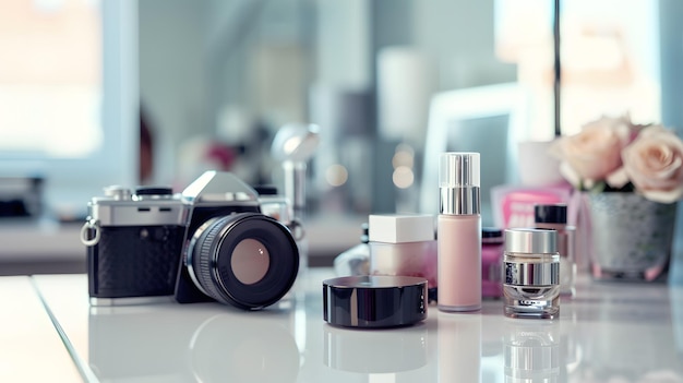 Beauty products displayed on a bright clean surface with a camera capturing their details