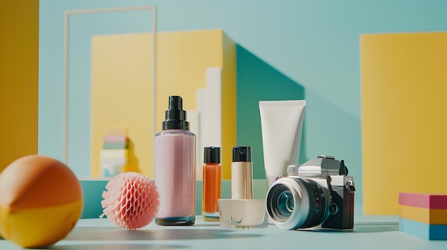 Beauty products displayed on a bright clean surface with a camera capturing their details