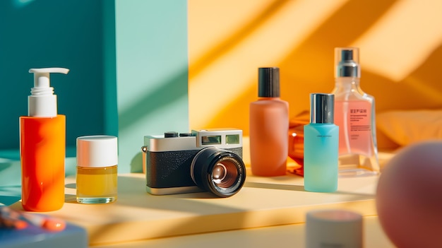 Beauty products displayed on a bright clean surface with a camera capturing their details