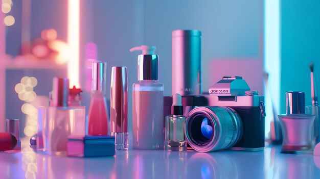 Beauty products displayed on a bright surface with a camera capturing their details under bright lights