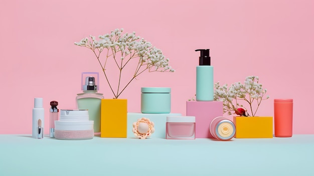 Beauty products displayed symmetrically with a camera focused on them in a bright studio setting