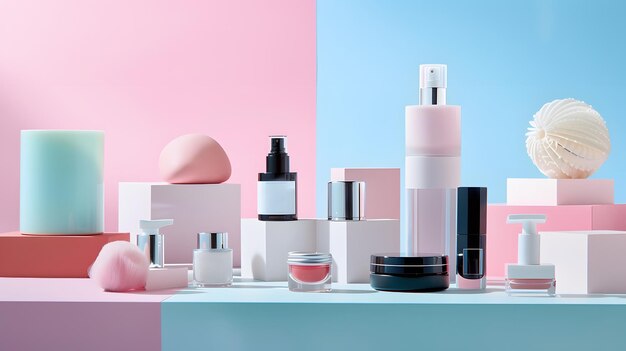 Beauty products displayed symmetrically with a camera focused on them in a bright studio setting