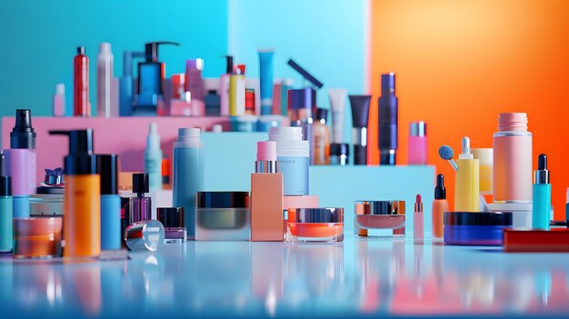 Beauty products displayed symmetrically with a camera focused on them in a bright studio setting