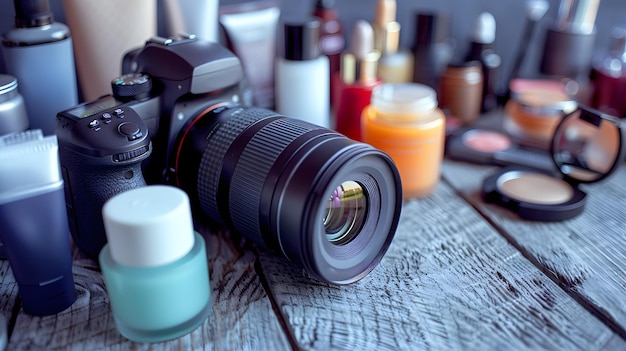 Beauty Products Flat Lay with Camera for Photography and Cosmetics Marketing