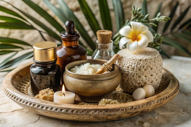 Photo beauty products serve on ancient beauty products pot