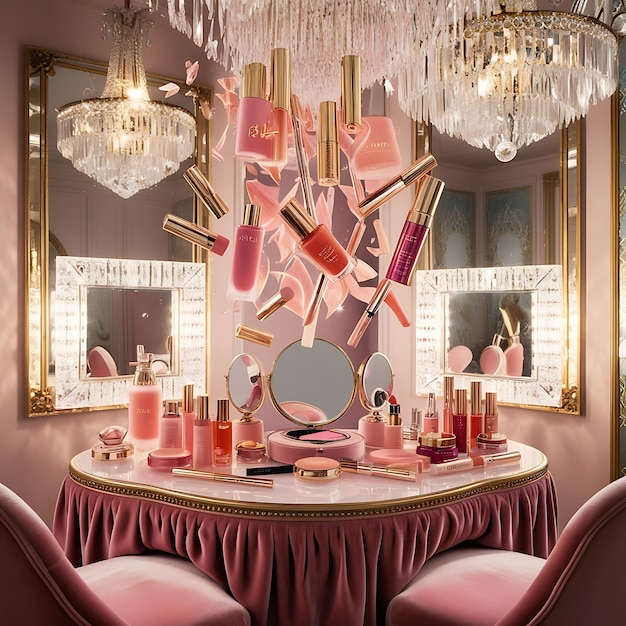 Beauty products suspended in midair levitating above a velvetdraped vanity table in a luxurious