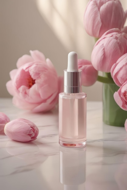 Beauty serumessence oil in a glass packaging with pink peony flowers Cosmetic skincare production concrete tray Selected focus AI generated