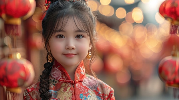 beauty smiling Chinese girl wearing new year traditional clothing celebrating the Spring Festival