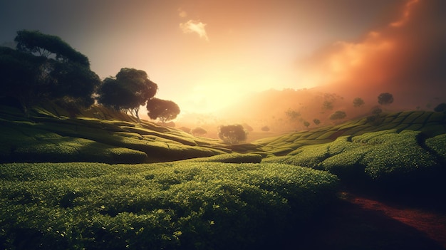 Beauty of Sunlit Tea Fields in a Serene and Tranquil Rural Landscape generative ai