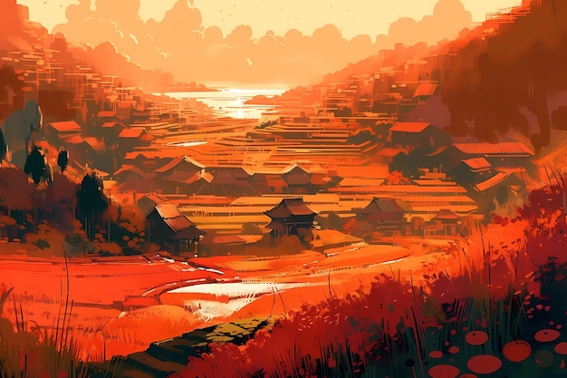 Beauty of the Terraced Rice field in afternoon digital art illustration