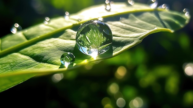 Beauty transparent drop of water on a green leaf macro with sun glare