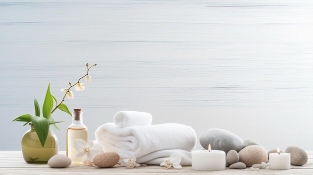 beauty treatment items arranged on a white wooden table including massage stones essential oils and sea salt a serene spa atmosphere with ample copy space