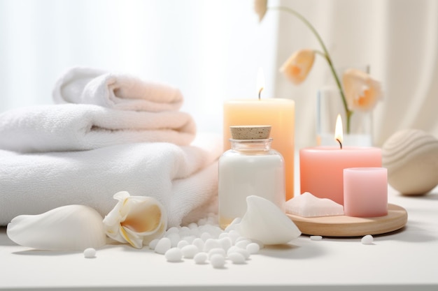 Beauty treatment items for spa procedures on white wooden table AI generated