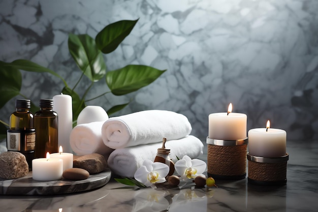 Beauty treatment items for spa procedures on wooden table and marble wall massage stones