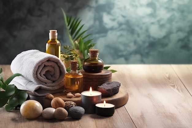 Beauty treatment items for spa procedures on wooden table and marble wall massage stones