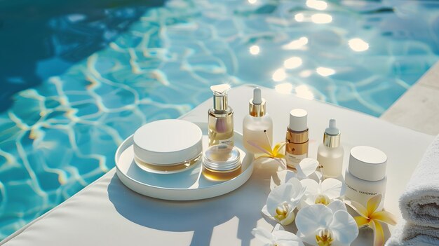 beauty treatment and spa concept lotion cream and towel on swimming pool