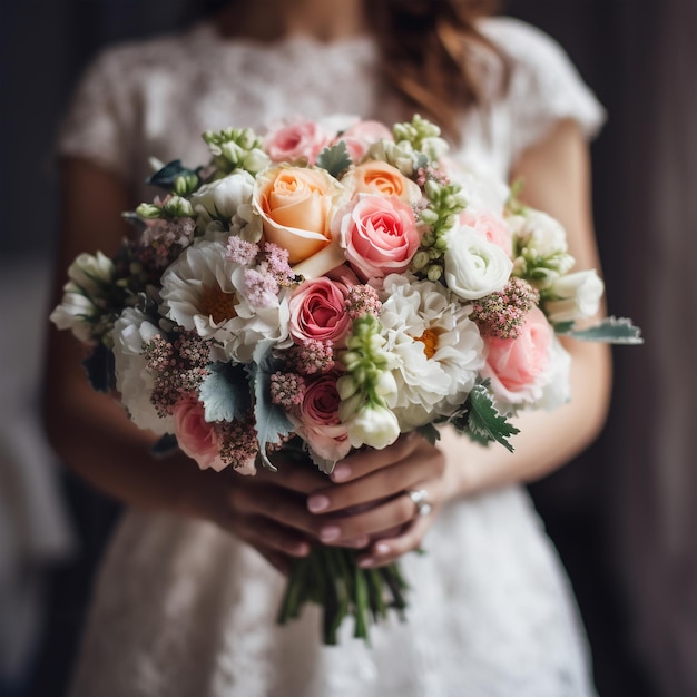 Beauty wedding bouquet with different flowers in hands