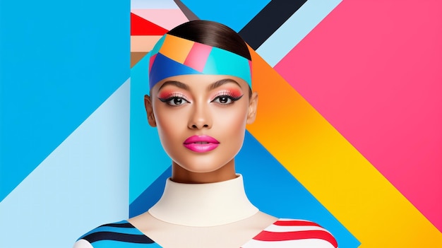 Beauty woman bright makeup style of bold colorism geometric shapes in bright fashion pop art design