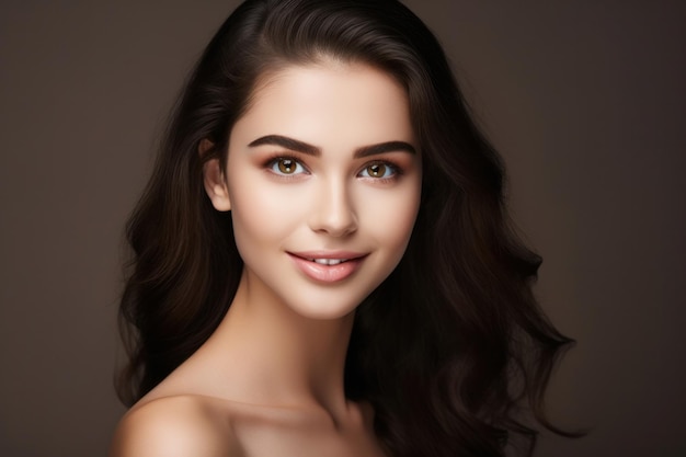 Beauty Woman face Portrait Beautiful Spa model Girl with Perfect Fresh Clean Skin Brunette female looking at camera and smiling Youth and Skin Care Concept