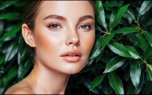 Beauty Woman Face With Healthy Skin And Green Plant