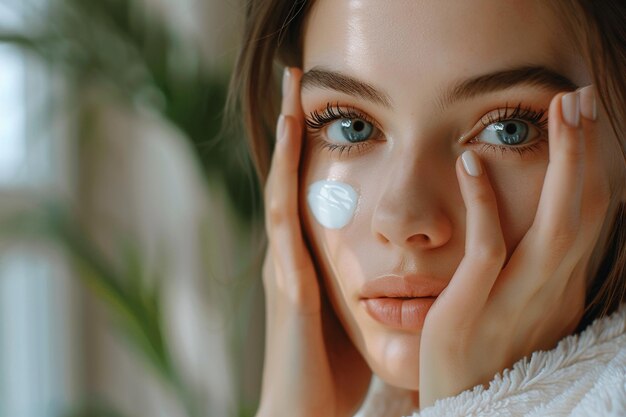 Photo a beauty woman and focusing on skincare cleanser