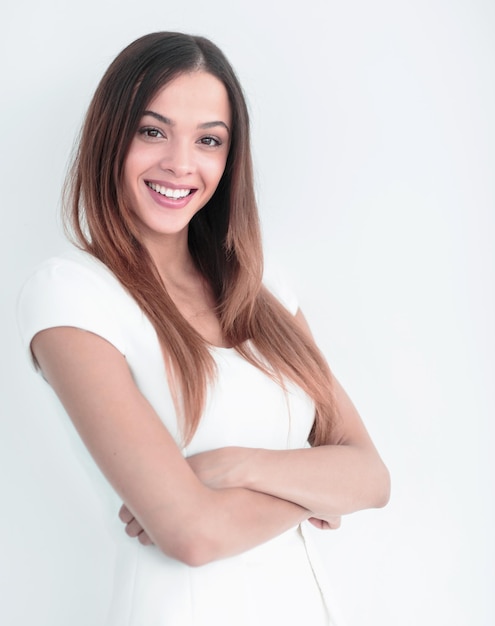 Beauty woman portrait of teen girl beautiful cheerful enjoying with long brown hair and clean skin isolated on white background