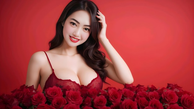 Beauty woman in red with roses