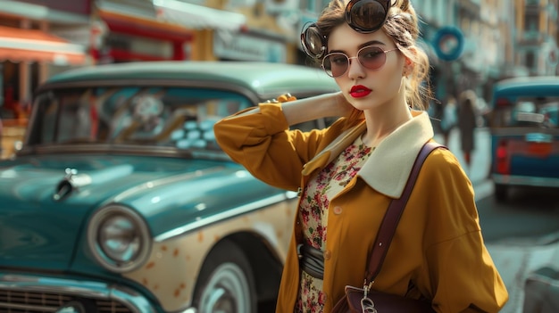 Beauty woman using classical dress fashion style 60s70swith classic car background