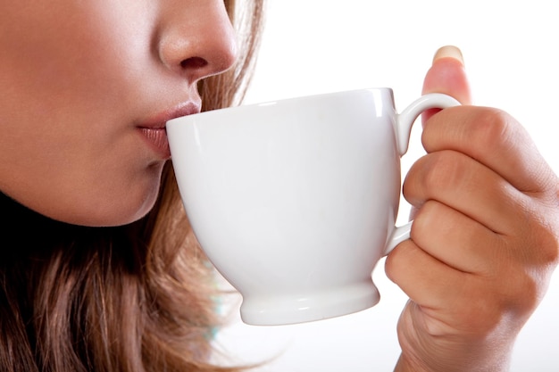 Beauty woman with fresh cup of hot drink