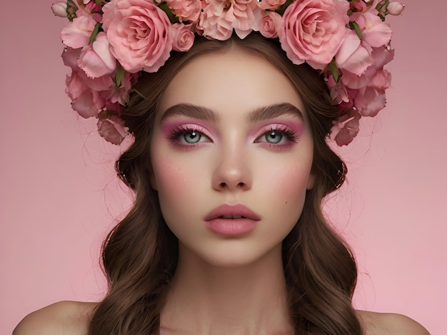 A beauty woman with pink eyes and pink makeup is wearing a flower crown