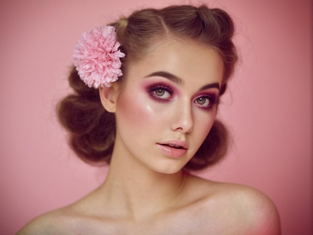 Photo a beauty woman with a pink flower in her hair and a pink eye shadow