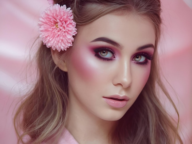 A beauty woman with a pink flower in her hair