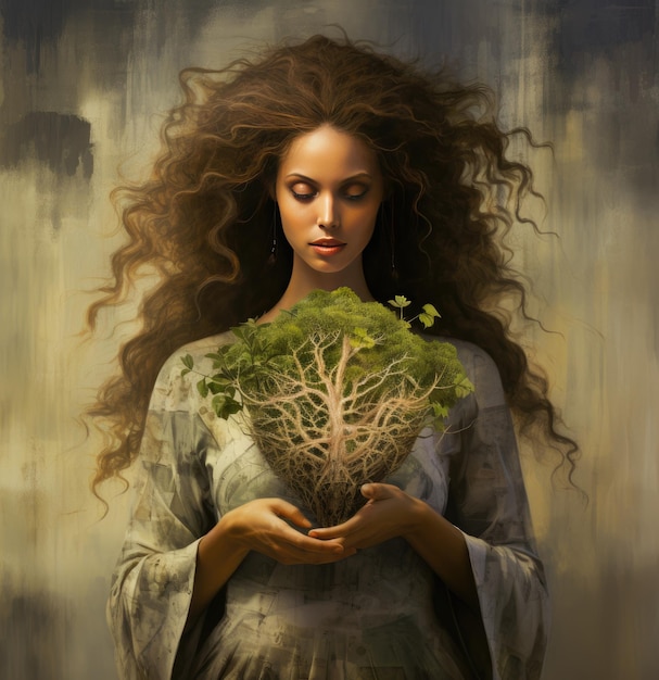 Beauty woman with plant in her hands