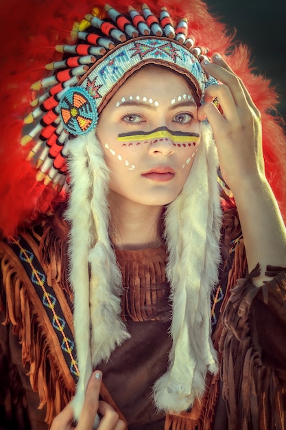 Beauty young asian girl with make up like Pocahontas,  native american woman