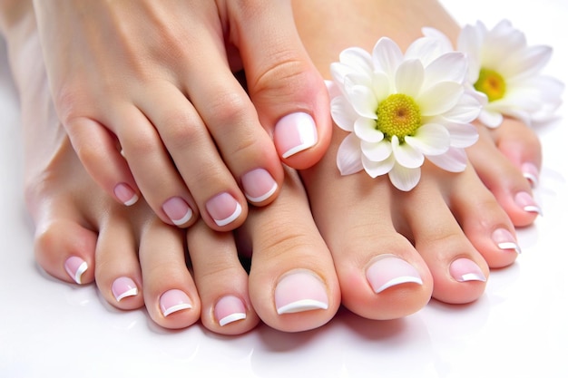 Photo beautyfrench pedicure toenails relaxation elegance lacquer elegant shiny feet panoramic manicure beauty salon perfectly done french pedicure on white background panoramic