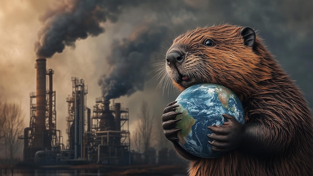 Photo a beaver holds a globe in his hands