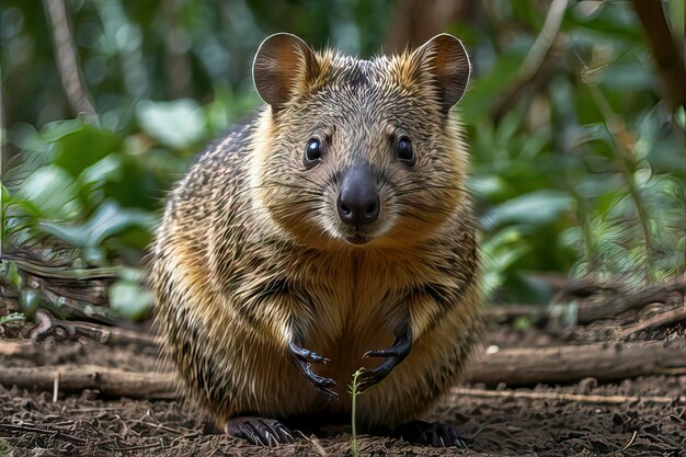 a beaver is looking at the camera while holding a piece of grass