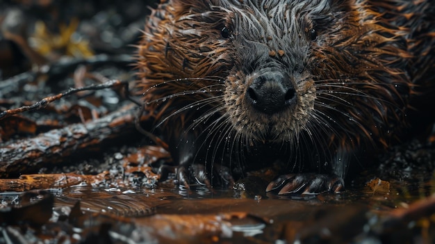 A beaver is sitting on a log in the water it is chewing on a branch