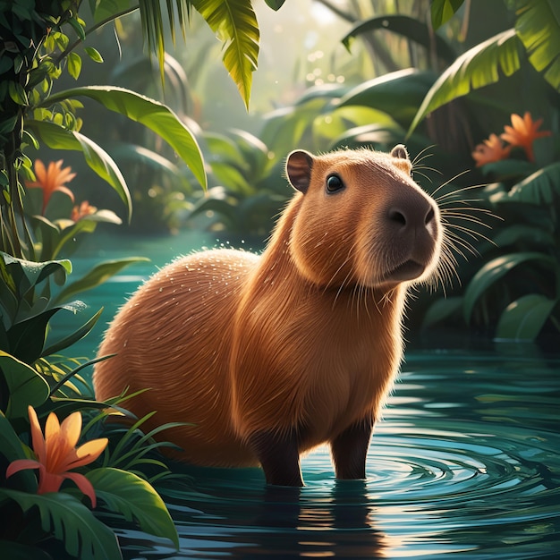 a beaver is standing in the water with flowers in the background