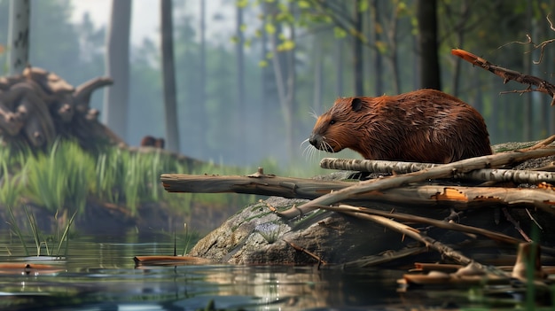 A beaver rests on a mound of timber in a lush forest