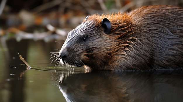 a beaver's head is reflected in a pond.