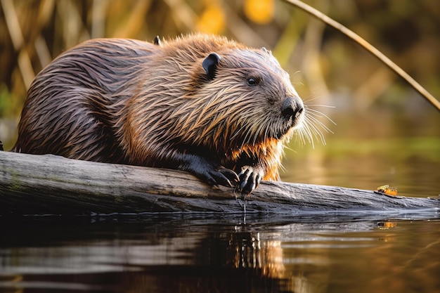 A beaver sits on a log in a lake.