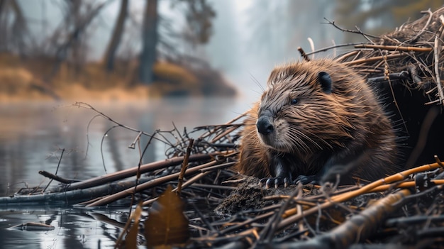 Beaver sits on wood dam in misty tranquil river setting