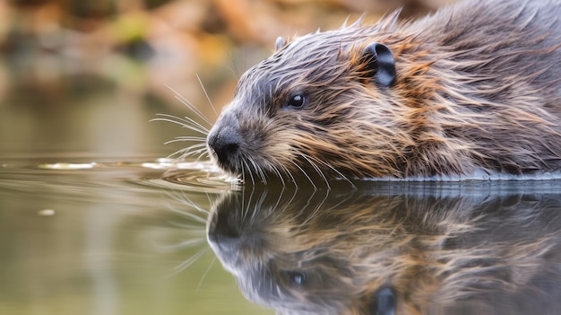 A beaver swimming in a pond with its head in the water.