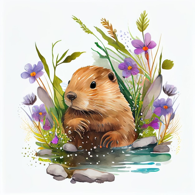 beaver with water and full of flower watercolor