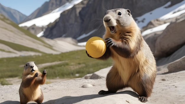 a beaver with a yellow ball in his mouth