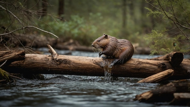 Beavers Building a Dam in a Flowing River