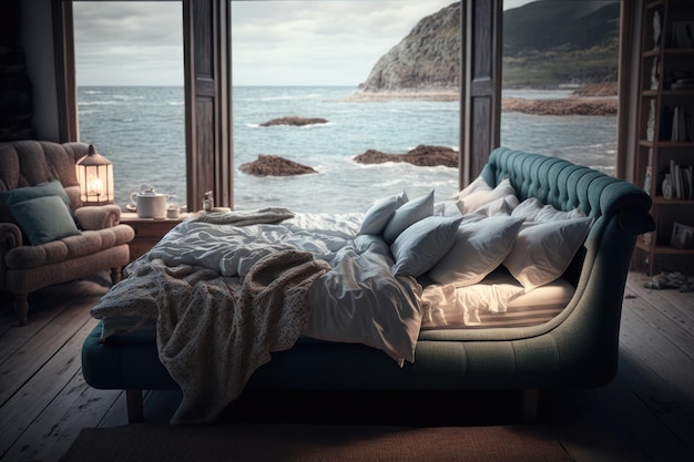 Bed by the sea Creative design concept Ai generation